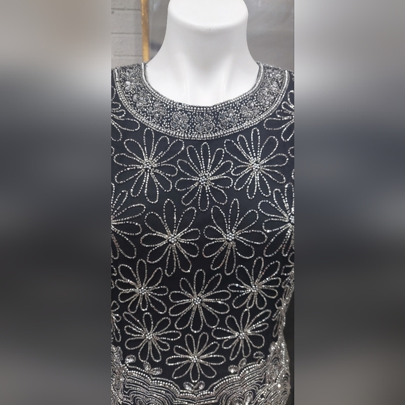 Vintage Laurence Kazar Black Sequin Silk Beaded Blouse Women's Sz L Evening Top - Picture 5 of 12